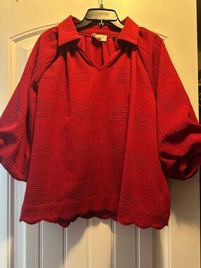 Umgee Dark Red Collared V-Neck Textured Knit Top With Puffy Sleeves